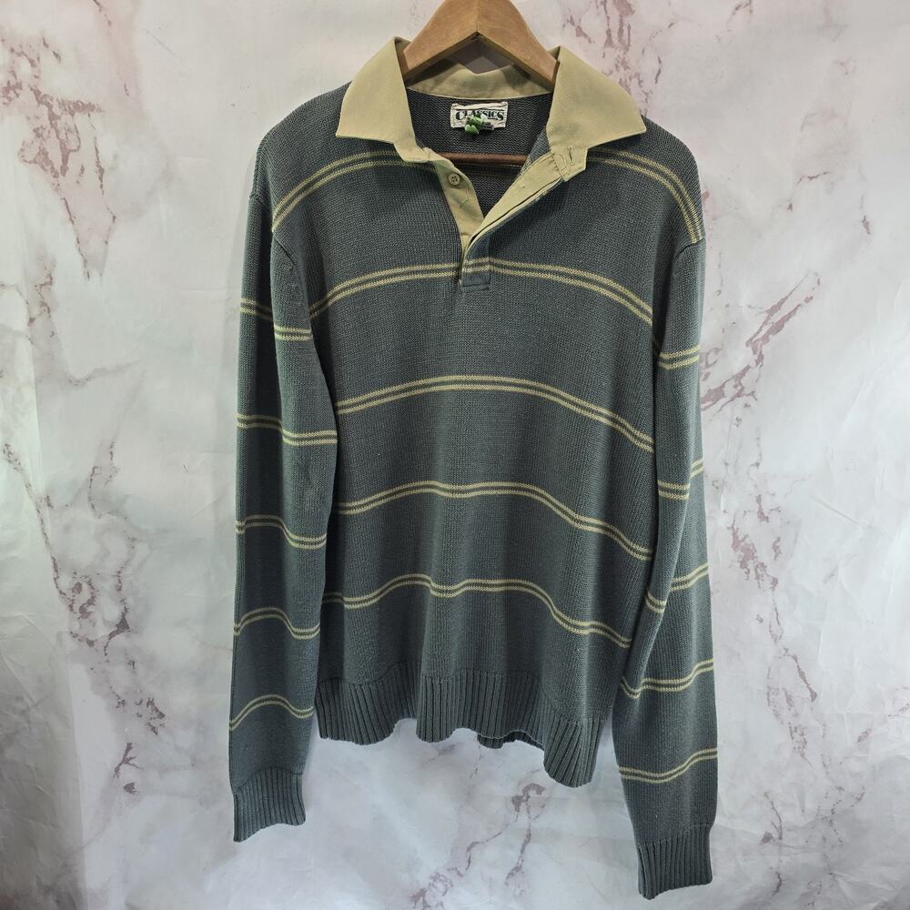 Vintage Sweater Mens Large Gray Rugby Polo Acrylic Striped Colorblock 80s 90s
